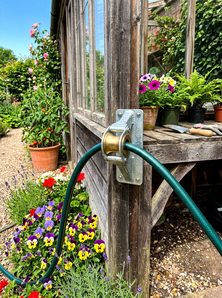Wall Mounted Hose Guide - 30 greenhouse watering setup ideas