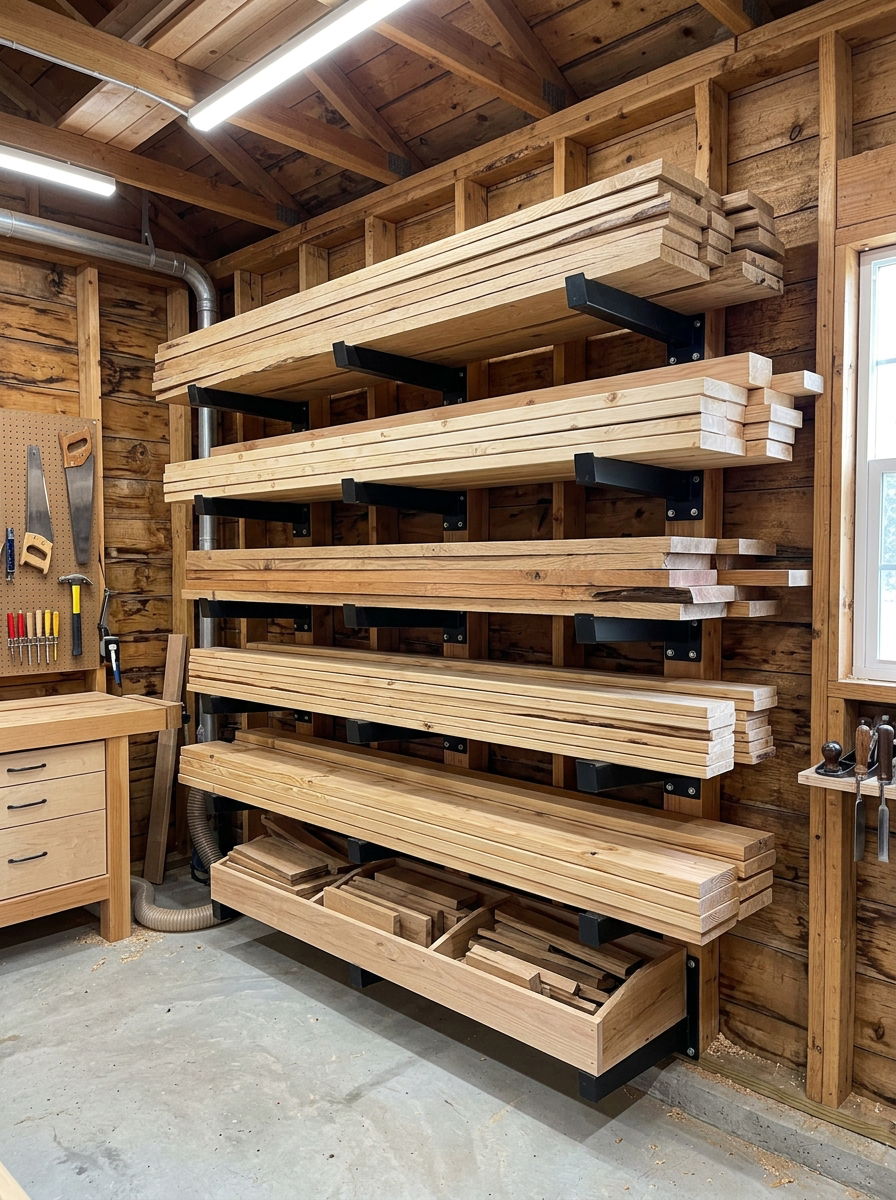 Wall Mounted Lumber Rack - 30 shed organization ideas