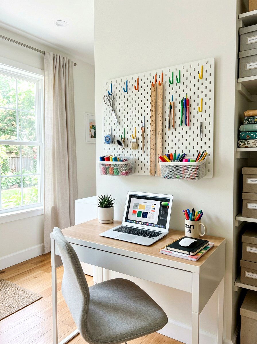 Wall Mounted Pegboard Organizer - 30 sewing room ideas