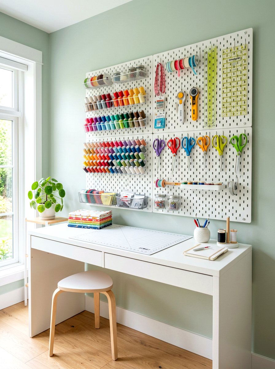 Wall Mounted Pegboard Organizer - 30 quilting room ideas