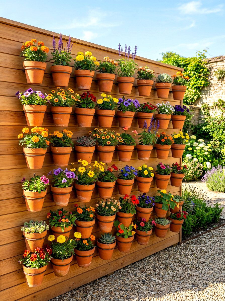 Wall Mounted Terra Cotta Pots - 30 vertical flower garden ideas