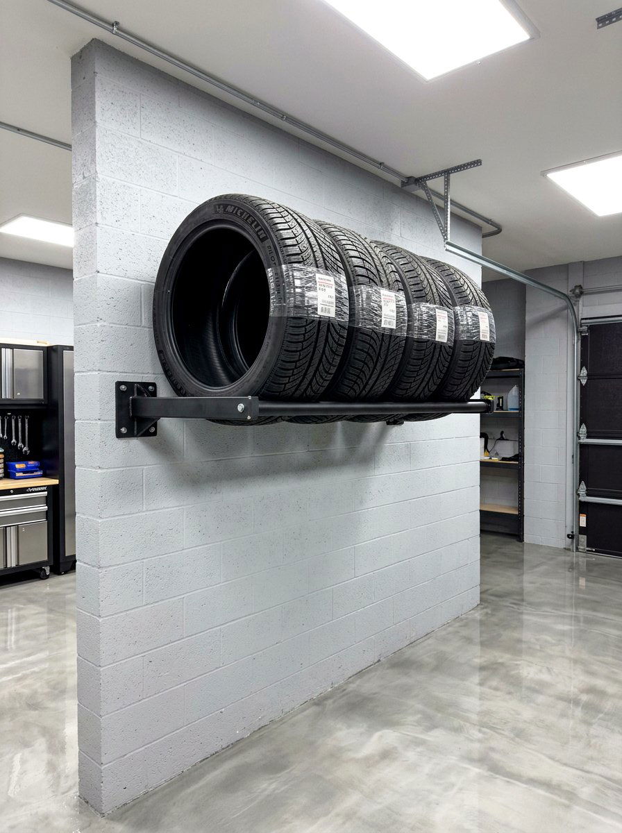 Wall Mounted Tire Rack - 30 garage storage ideas
