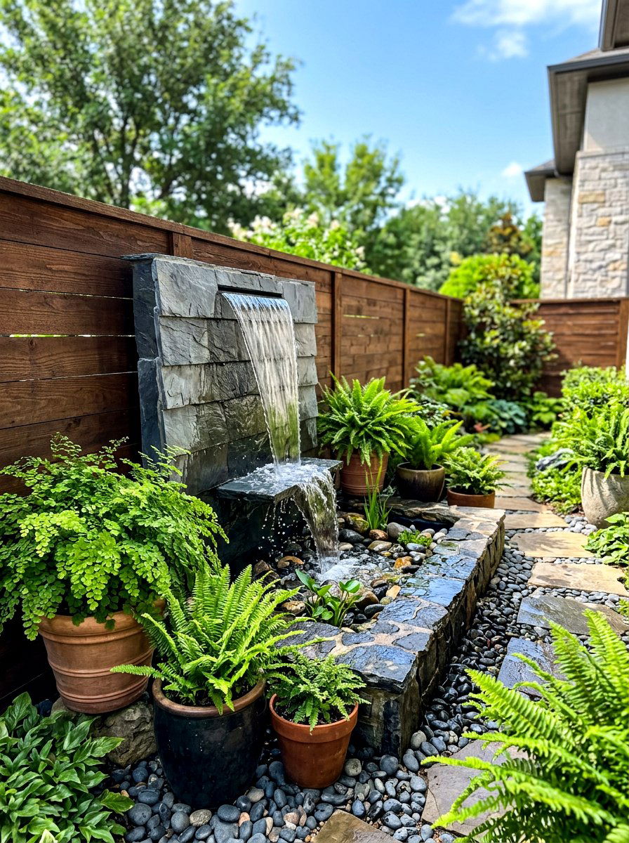 Wall Mounted Water Feature - 30 side yard privacy fence landscaping ideas