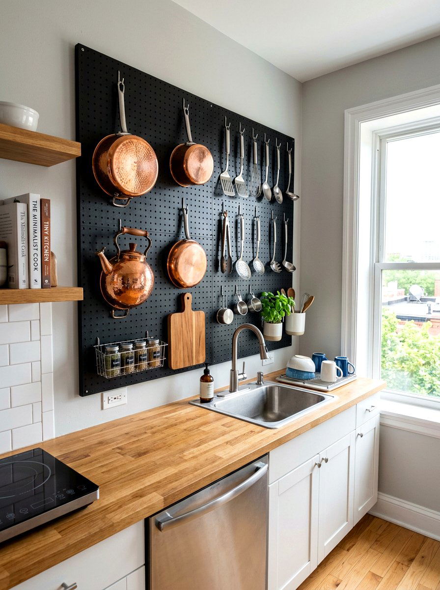 Wall Pegboard Organizer - 30 tiny apartment kitchen ideas