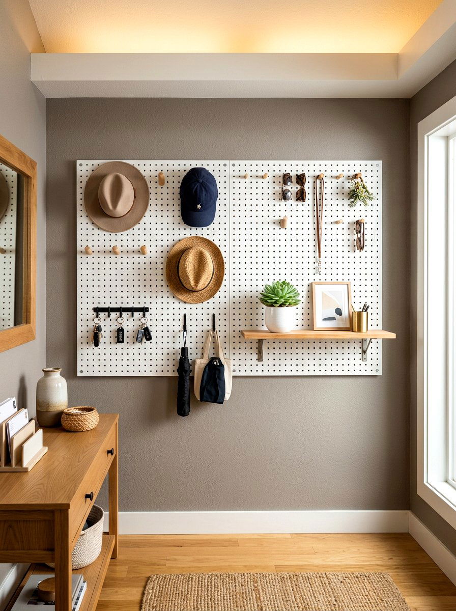 Wall Pegboard Organizer - 30 narrow entryway storage ideas