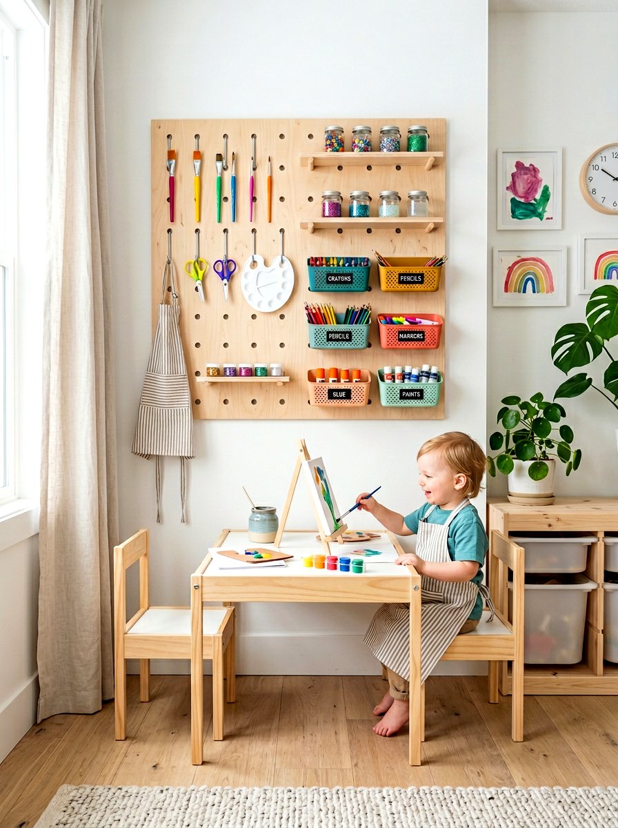 Wall Pegboard System - 30 toddler bedroom storage ideas