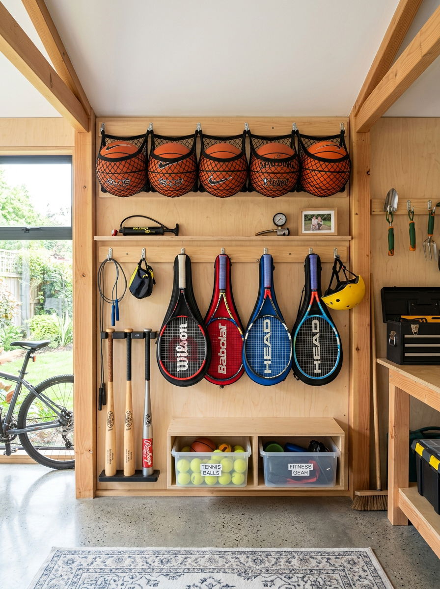 Wall Sports Equipment Rack - 30 shed organization ideas