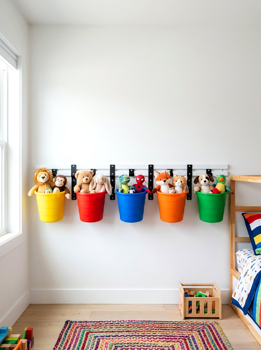 Wall mount bucket - 30 stuffed animal storage ideas