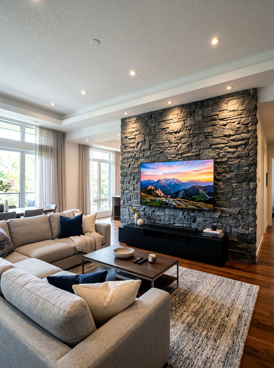 Wall mounted TV living room - 30 family friendly living room ideas