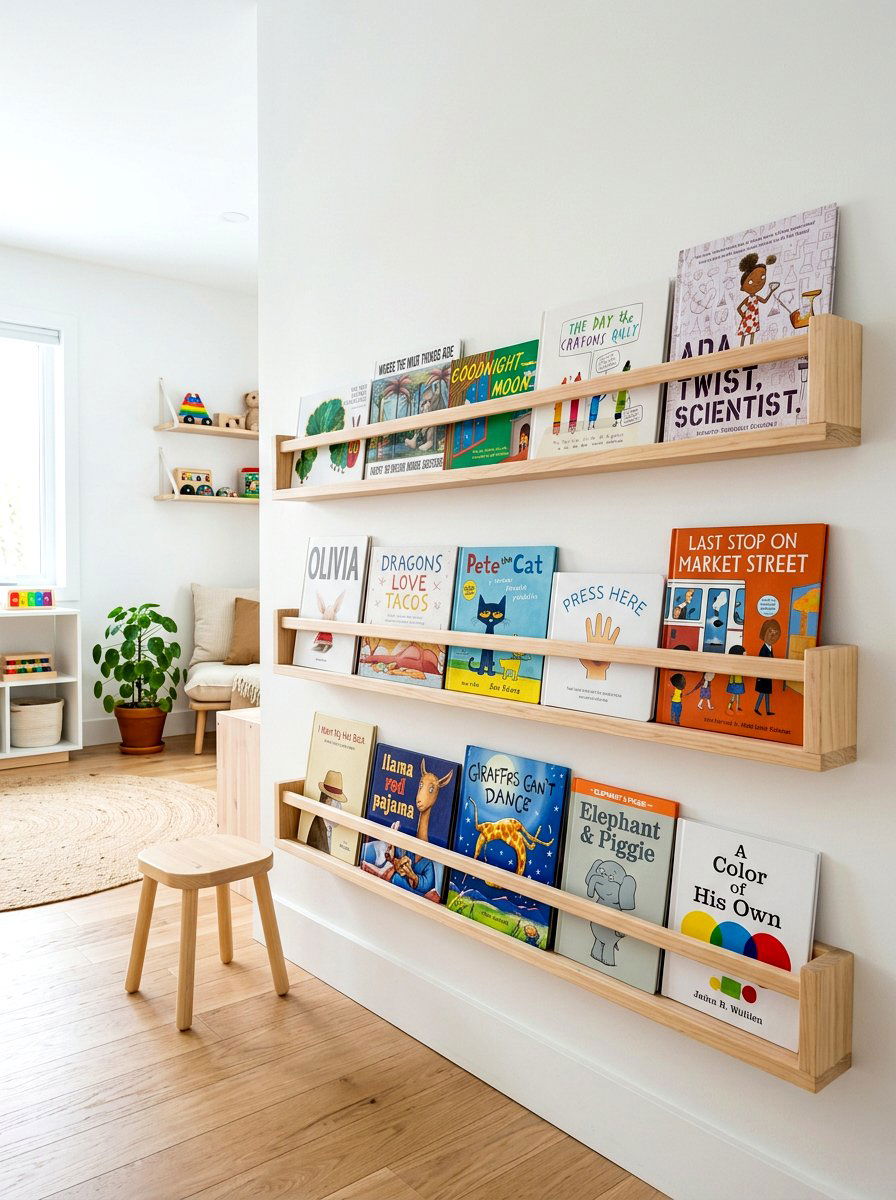 Wall mounted book display - 30 Montessori playroom aesthetic ideas