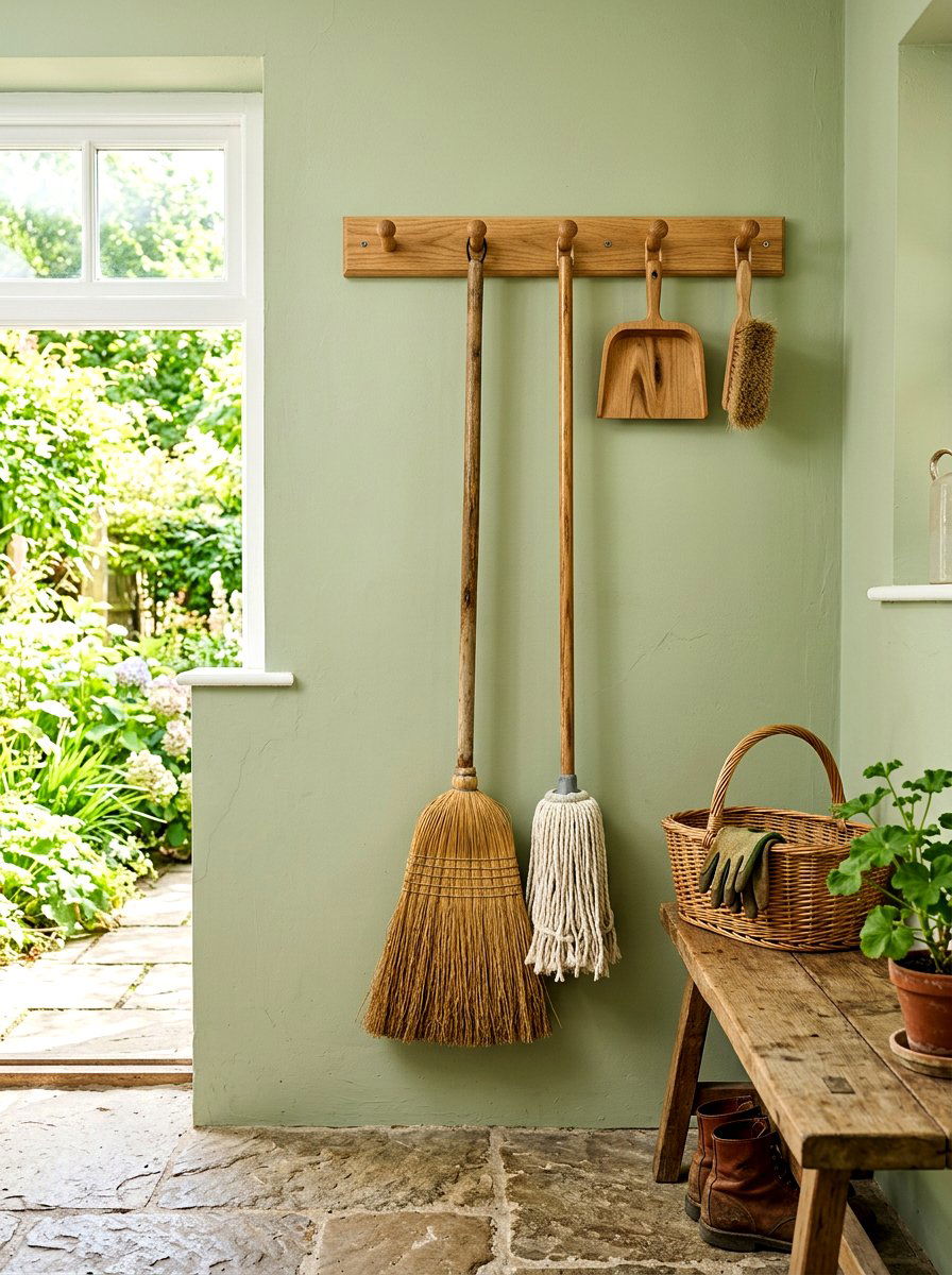 Wall mounted broom rack - 30 green cleaning station ideas