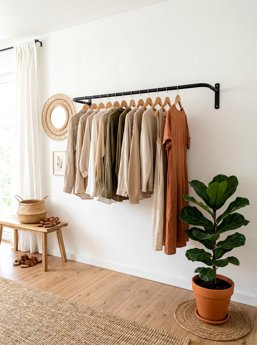 Wall mounted clothes rack - 30 minimalist bedroom storage ideas