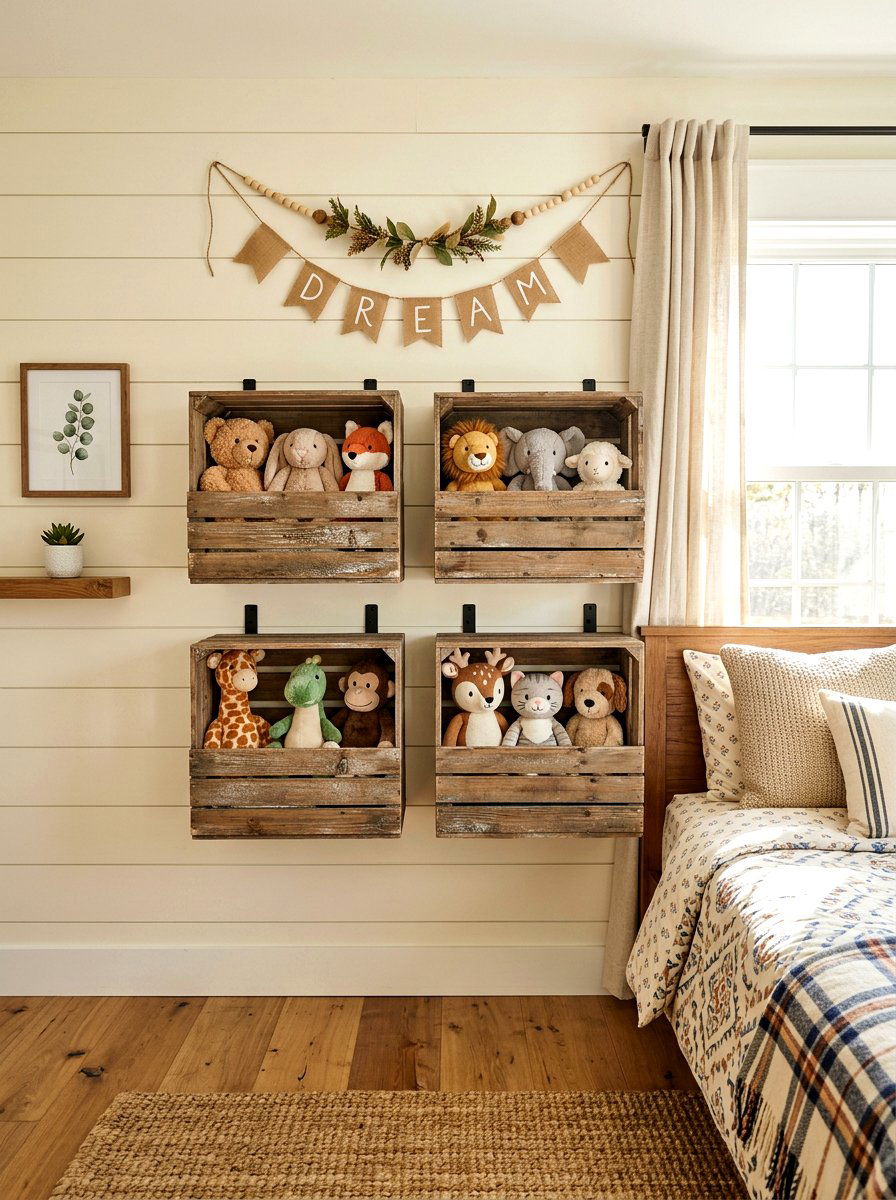 Wall mounted crate - 30 stuffed animal storage ideas