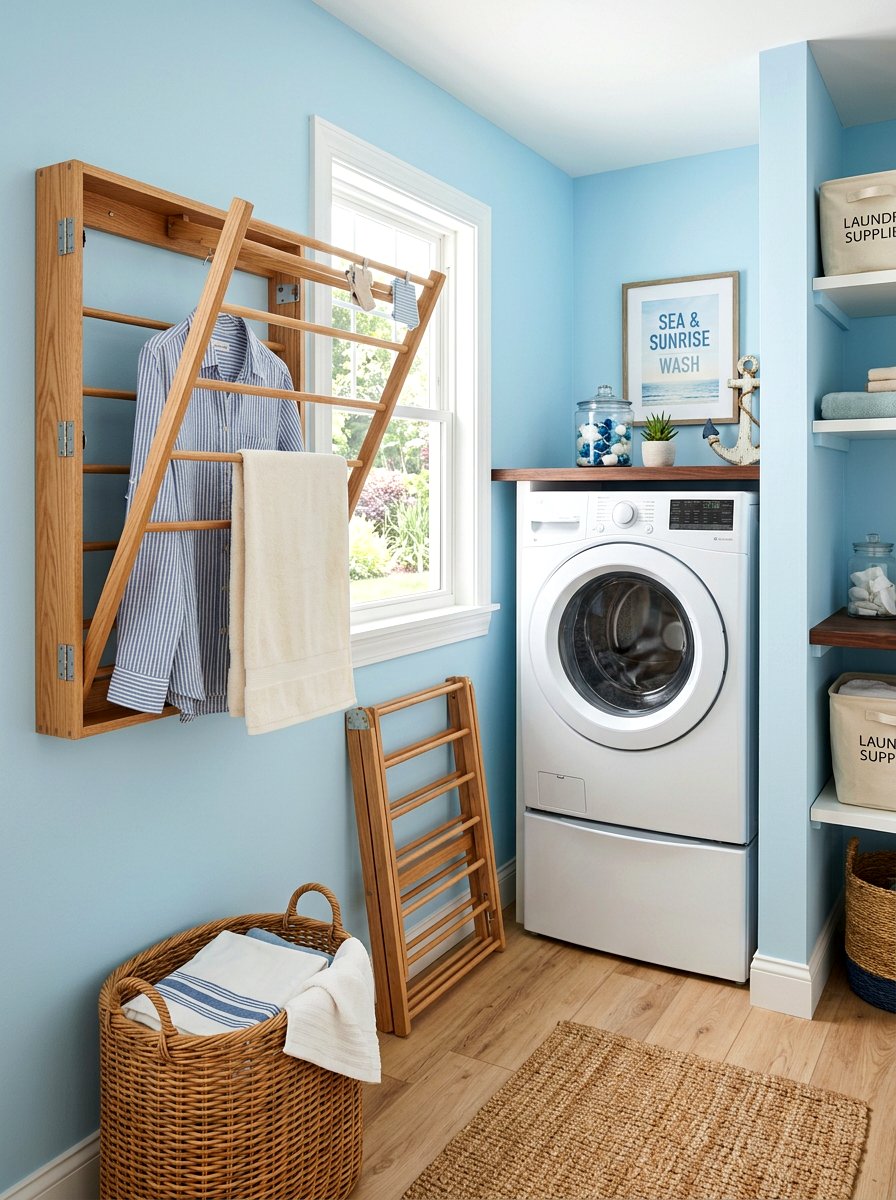 Wall mounted drying rack laundry - 30 laundry room hanging rod ideas