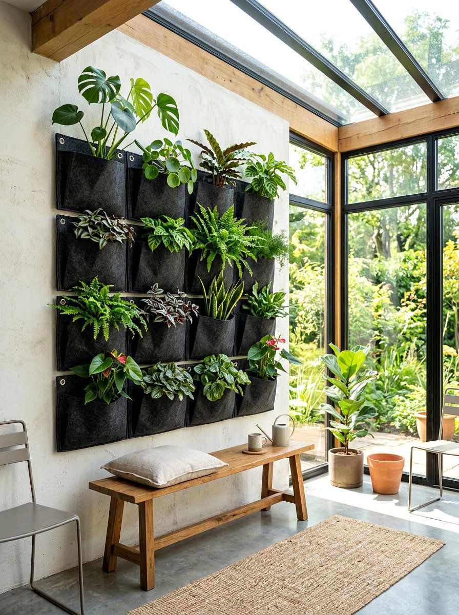 Wall mounted felt pocket planter - 30 indoor plant wall ideas