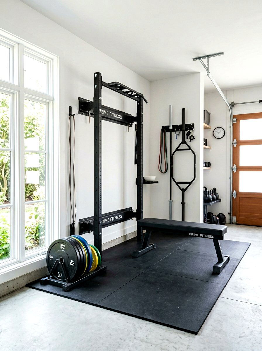 Wall mounted folding squat rack - 30 garage gym ideas