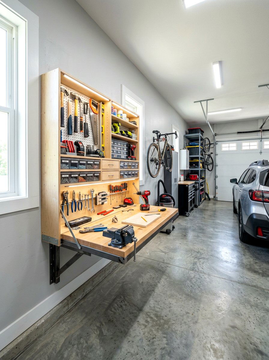 Wall mounted folding workbench - 30 small tool organizer ideas
