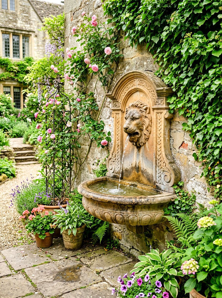 Wall mounted fountain - 30 tiny courtyard garden ideas