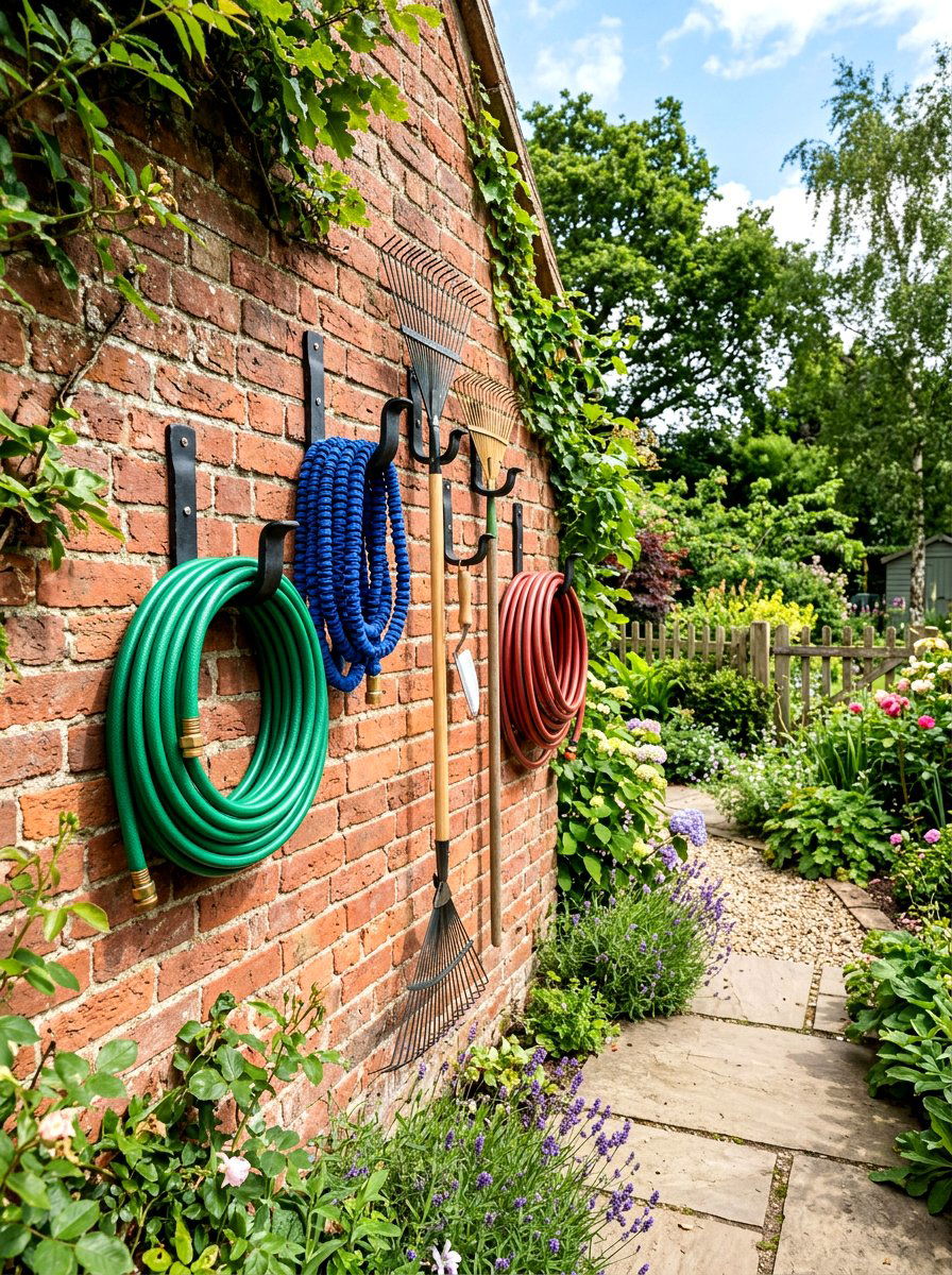 Wall mounted garden hooks - 30 garden tool wall ideas