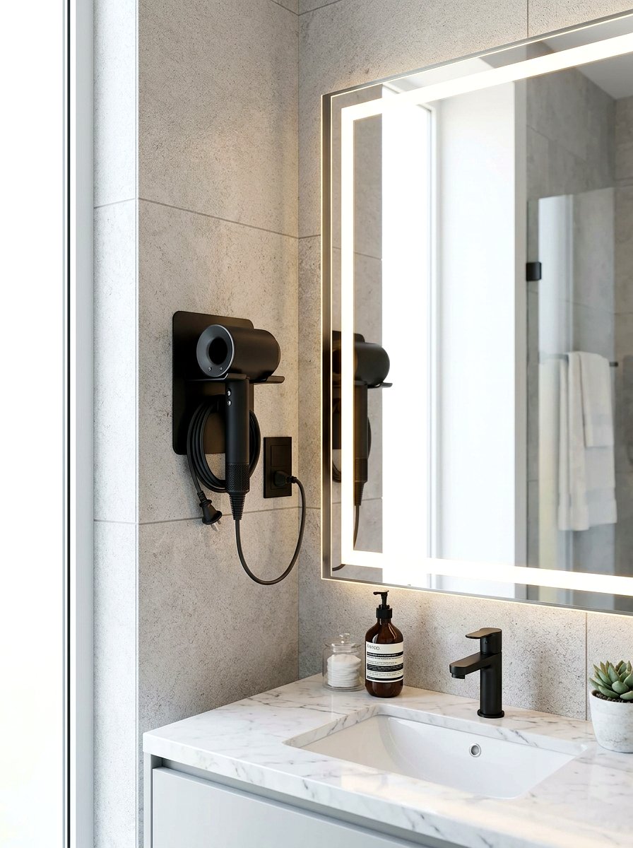 Wall mounted hair dryer holder - 30 hair tool storage ideas