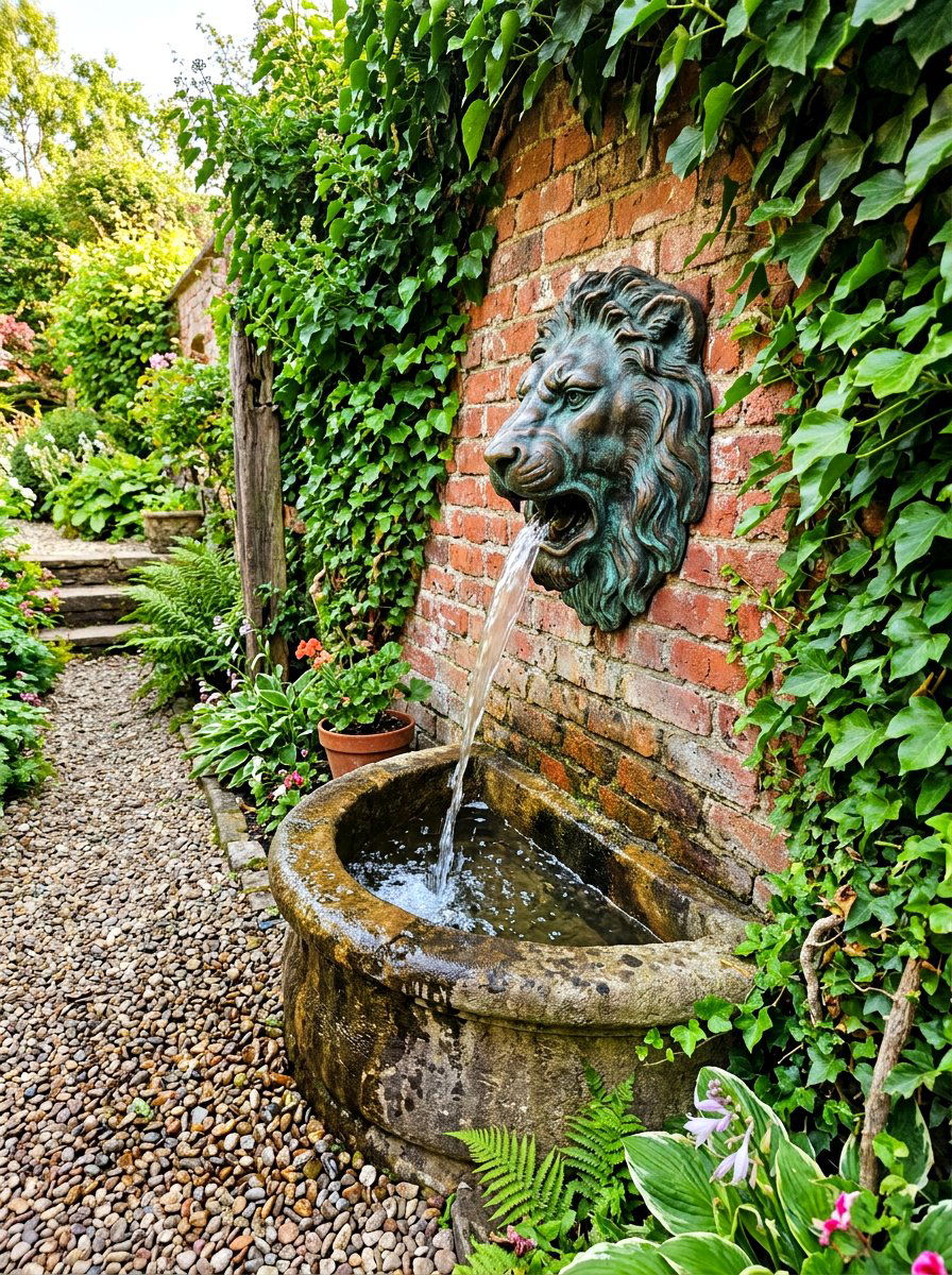 Wall mounted lion spout - 30 courtyard fountain garden ideas