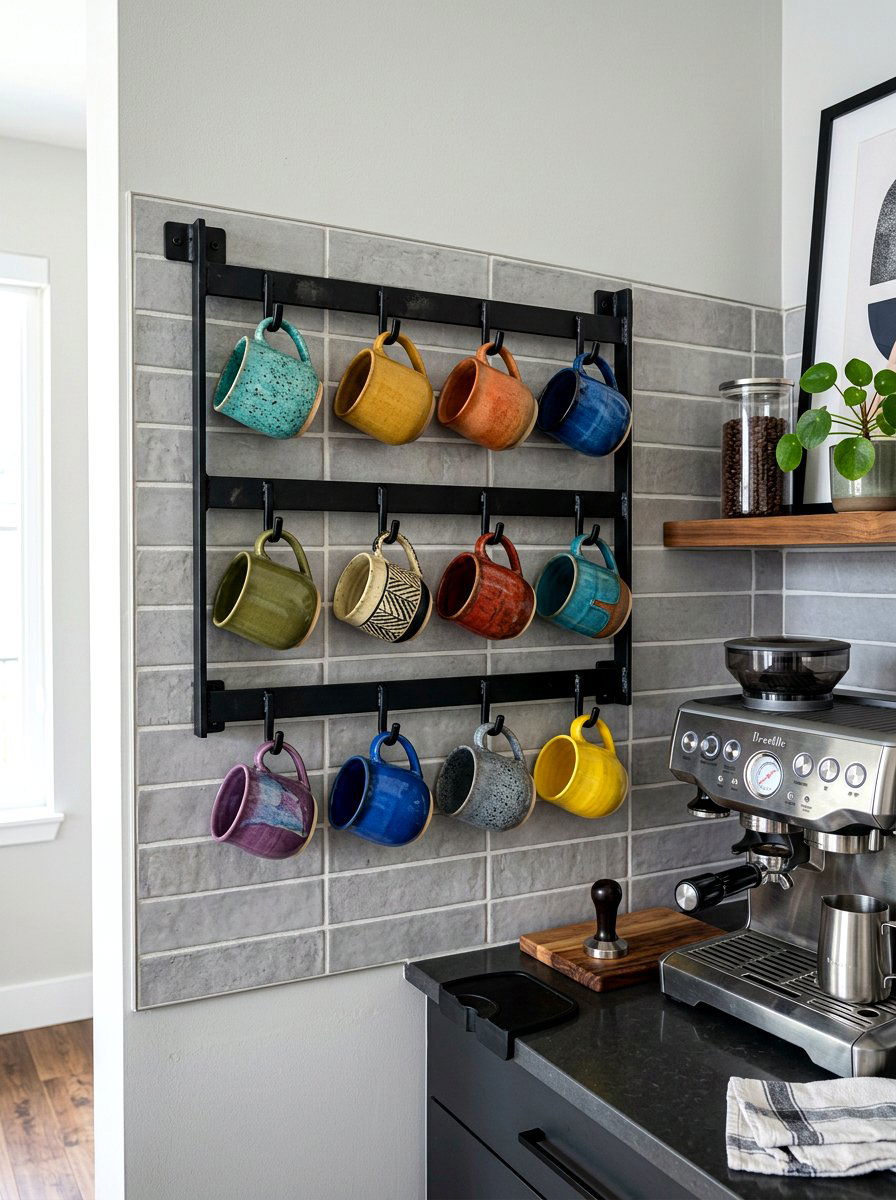 Wall mounted mug rack - 30 mug display ideas