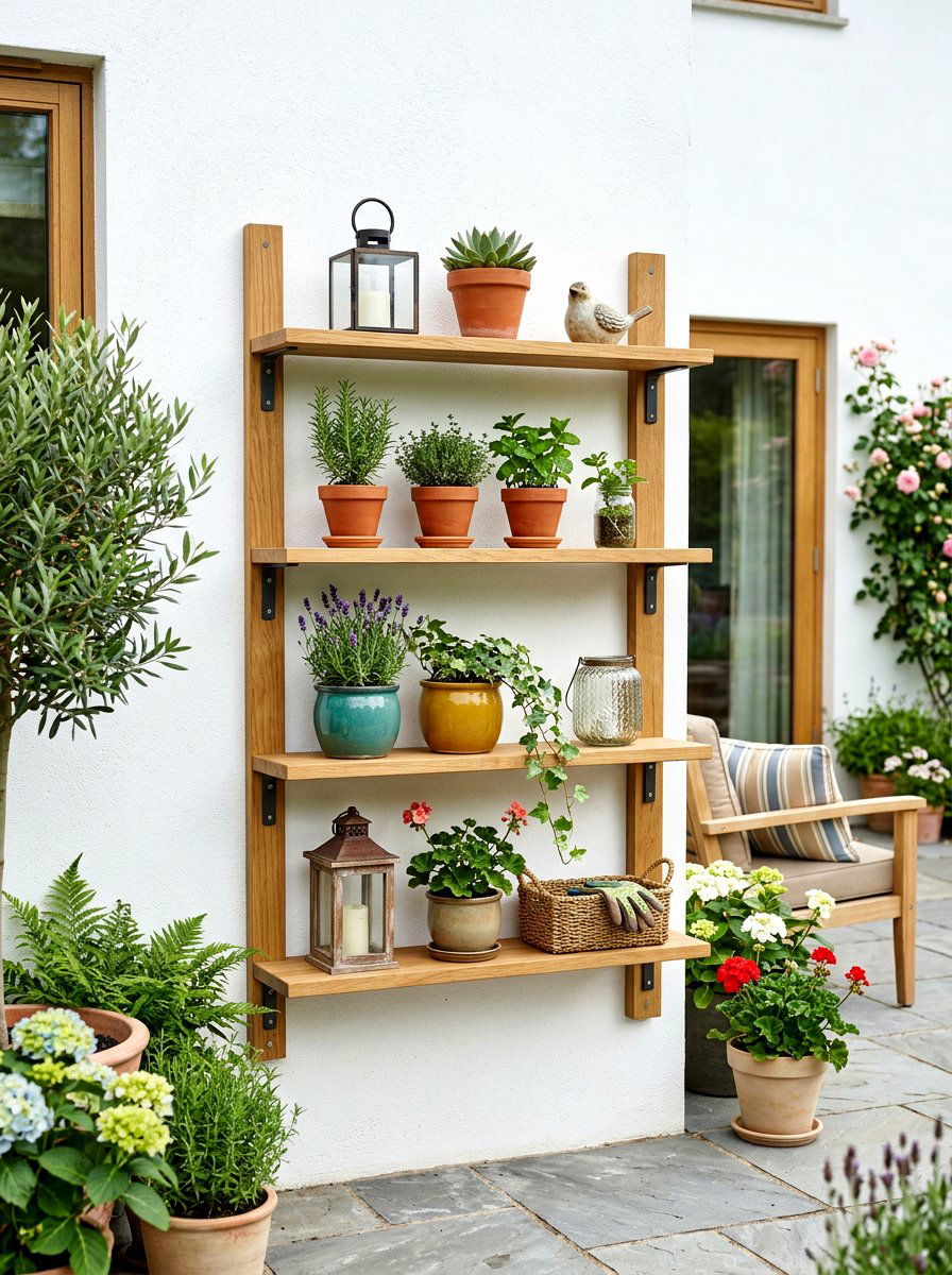 Wall mounted outdoor shelving - 30 apartment patio entertaining ideas