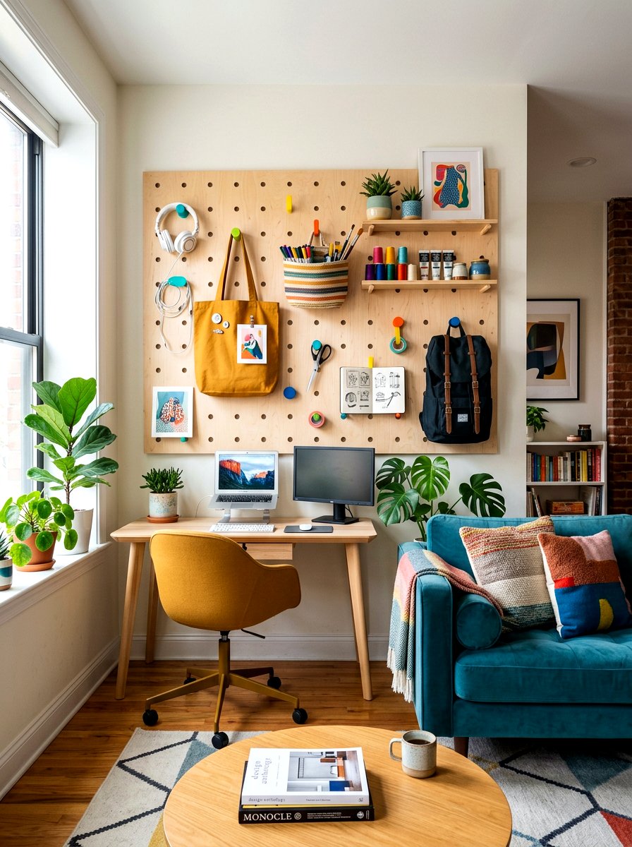 Wall mounted pegboard - 30 family friendly living room storage ideas
