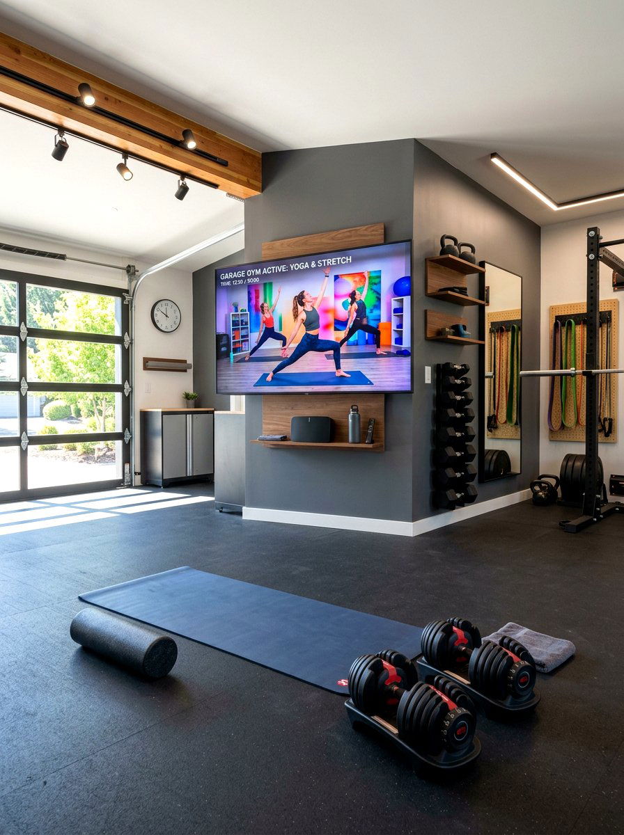 Wall mounted smart television - 30 garage gym ideas