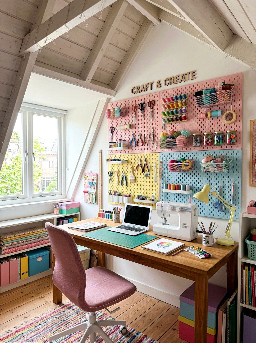 Wall mounted storage pegboards - 30 attic bedroom storage ideas