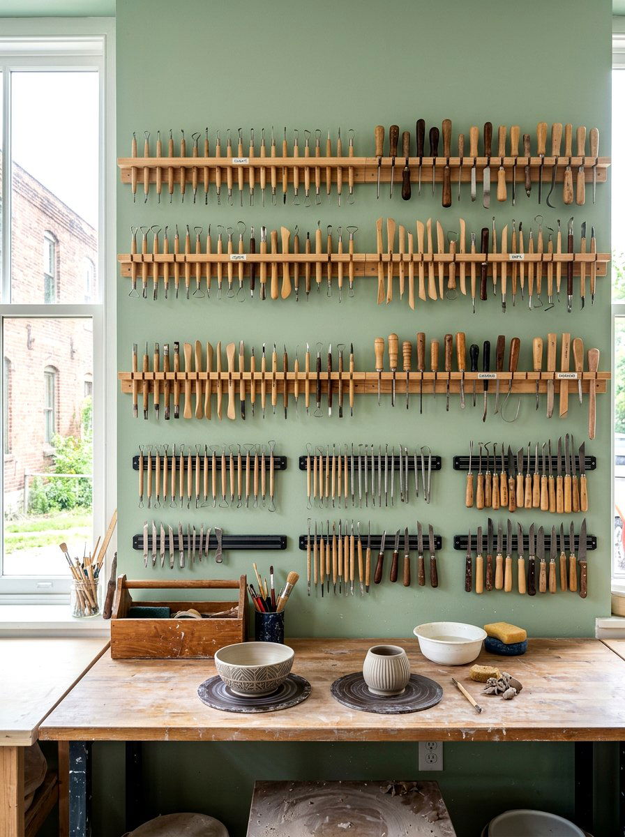 Wall mounted tool storage - 30 pottery room ideas
