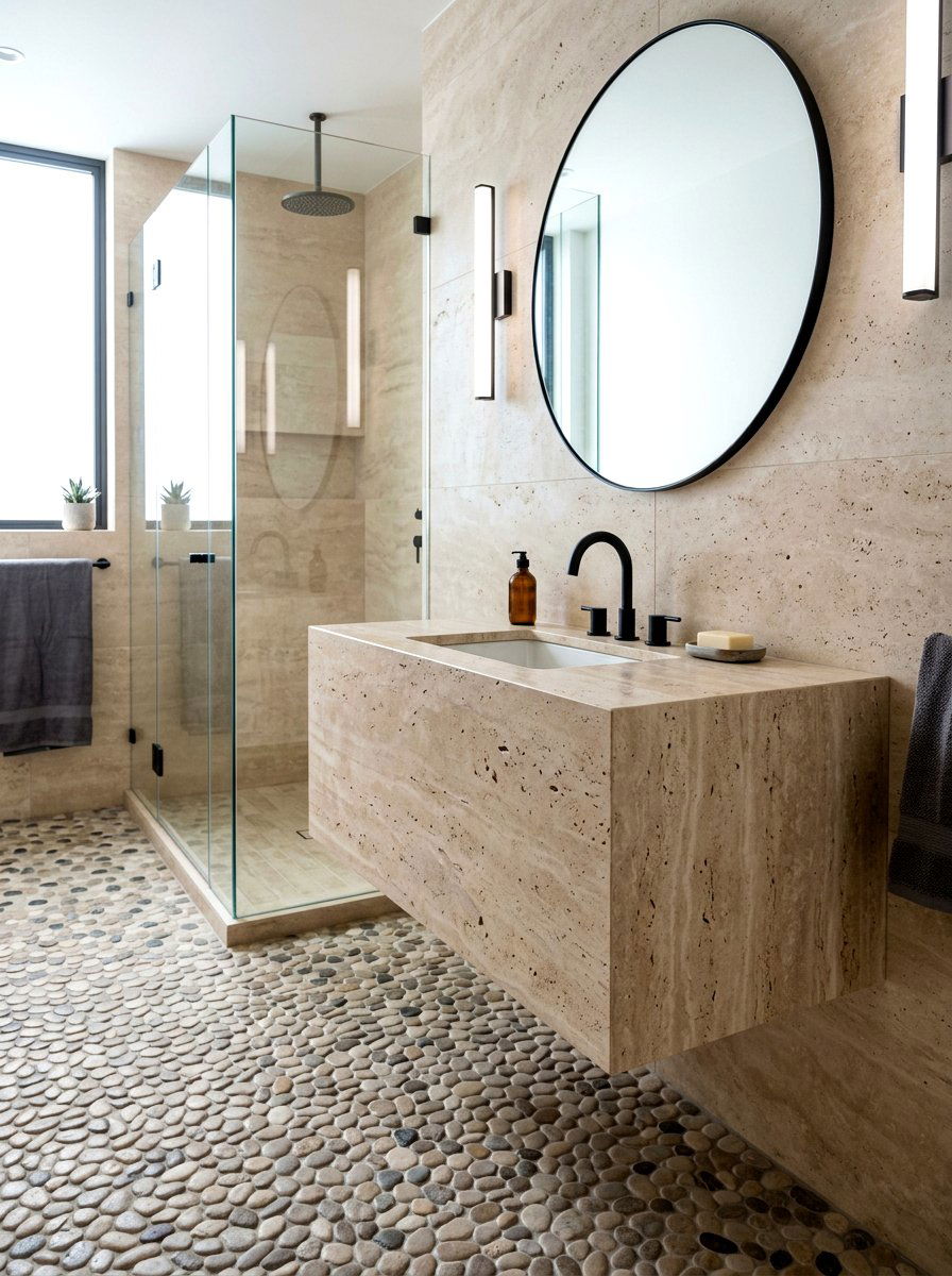 Wall mounted travertine vanity - 30 travertine vanity bathroom ideas