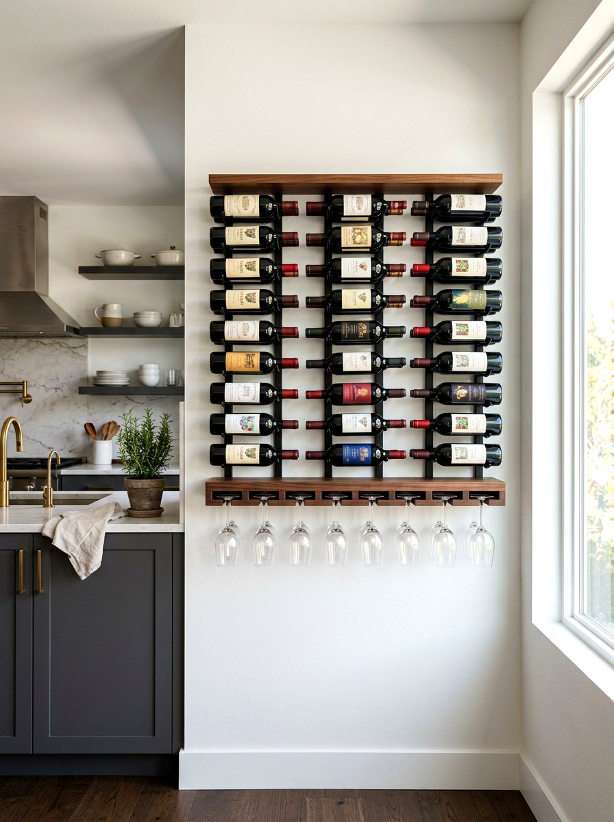 Wall mounted wine rack - 30 apartment kitchen storage ideas