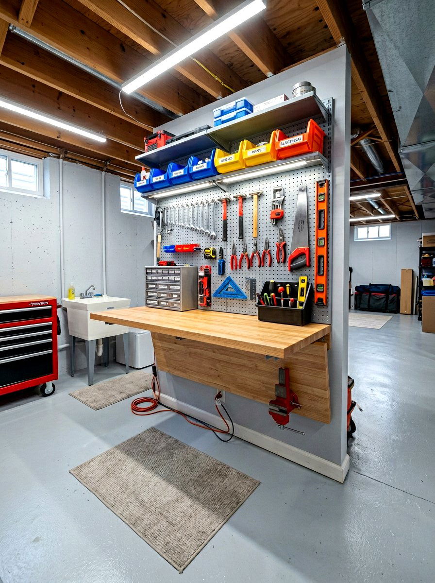 Wall mounted workbench - 30 basement storage wall ideas