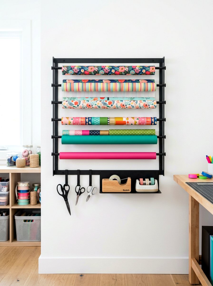 Wall mounted wrapping paper rack - 30 wrapping paper storage ideas