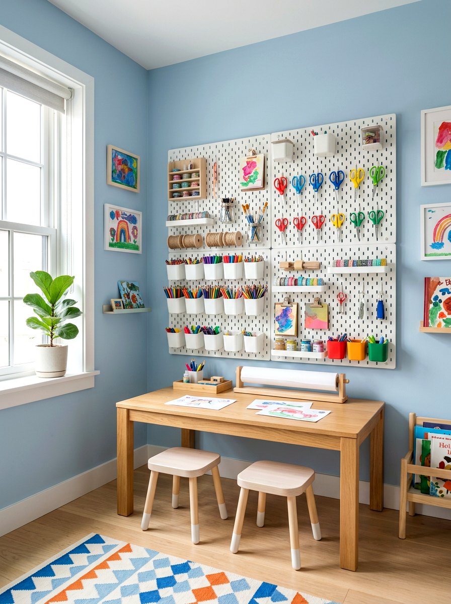 Wall pegboard organization - 30 kids craft room ideas