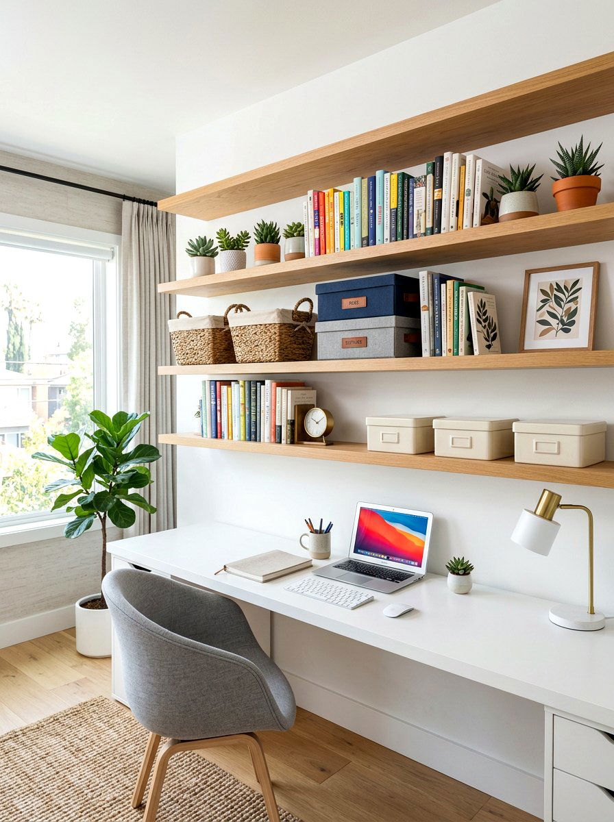 Wall shelving office - 30 cozy home office ideas