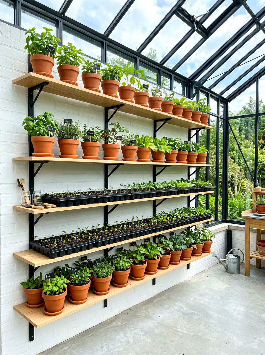 Wall shelving - 30 greenhouse storage ideas