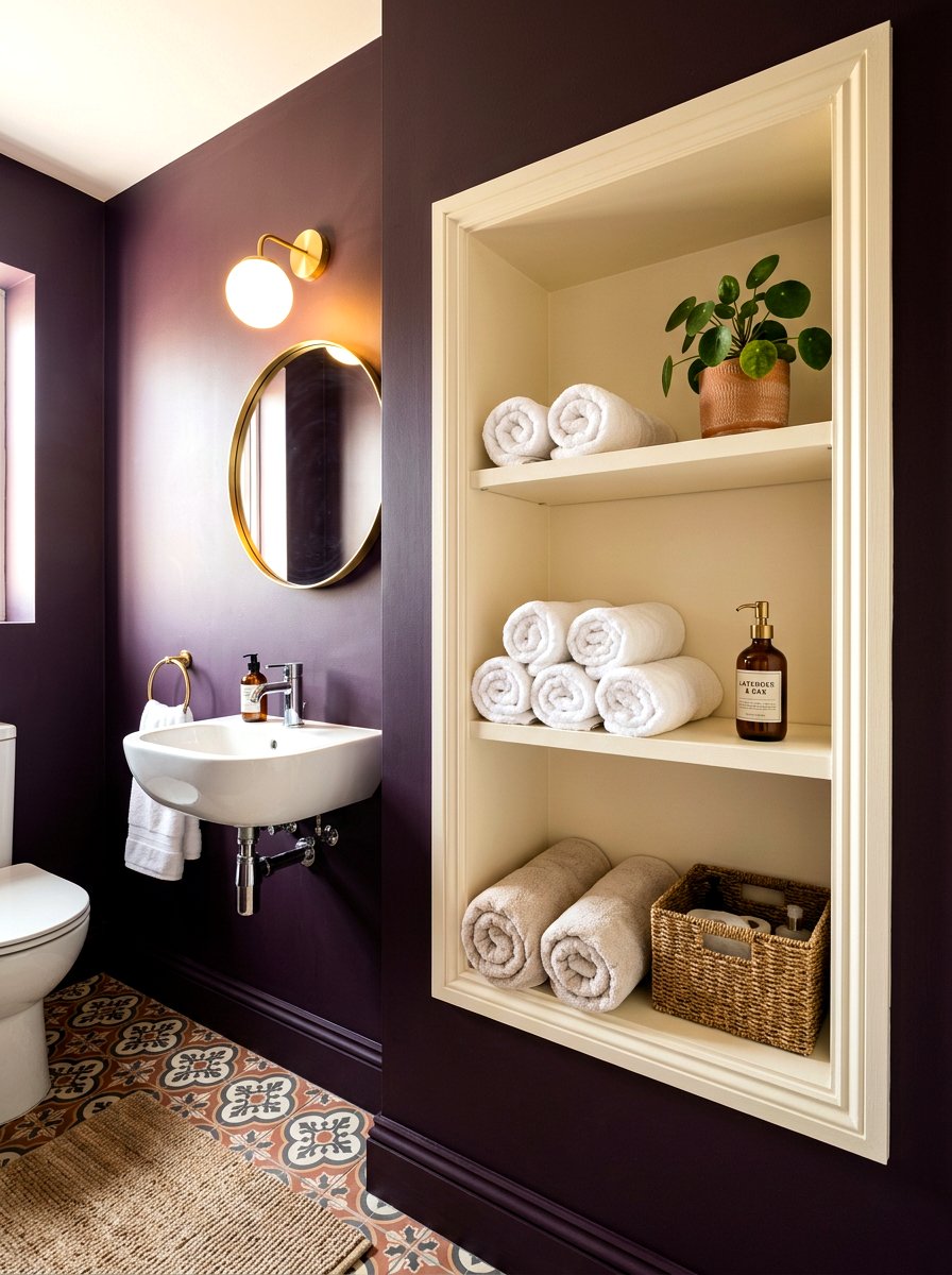 Wall storage niche - 30 aubergine powder room ideas
