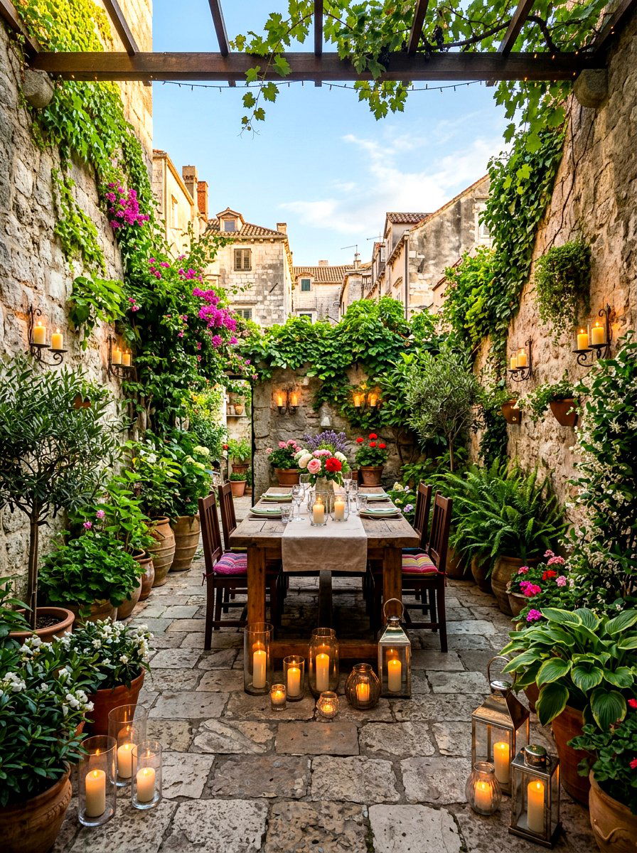 Walled city garden patio - 30 candlelit patio dinner ideas