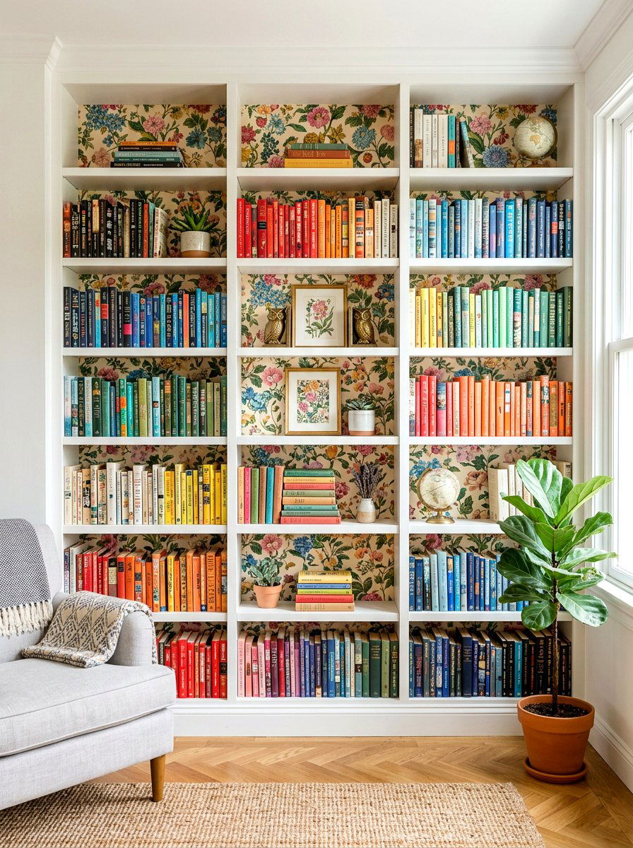 Wallpaper Backed Bookshelf - 30 bookshelf wall ideas