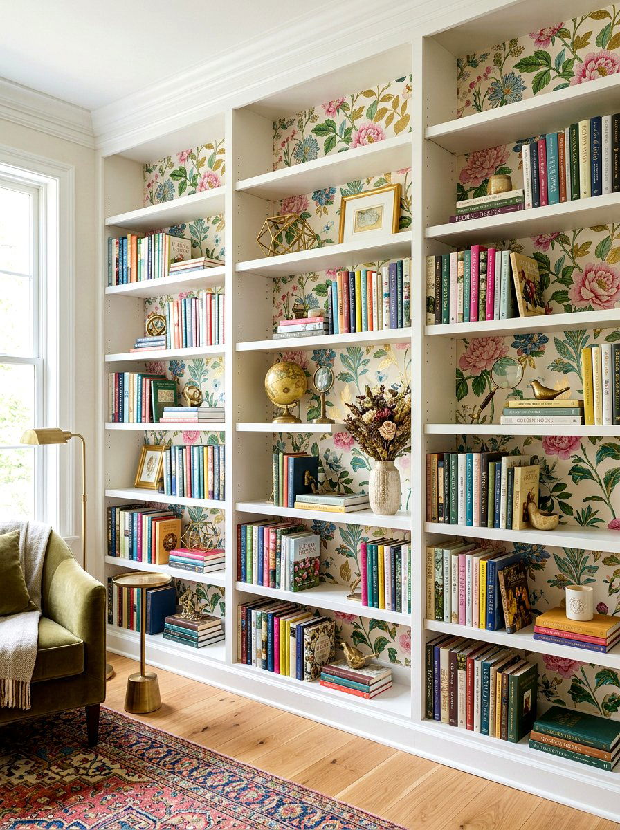 Wallpaper Backed Bookshelves - 30 nursery library wall ideas