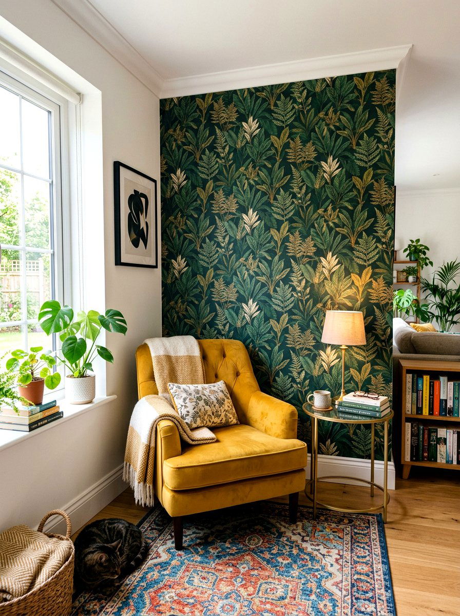 Wallpaper accent reading corner - 30 basement reading nook ideas