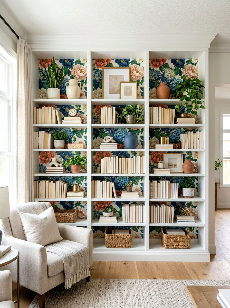 Wallpaper back bookshelf - 30 bookshelf styling living room ideas