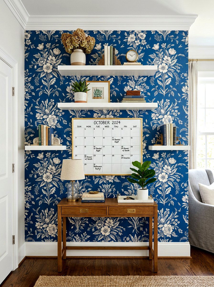 Wallpapered Accent Wall Center - 30 family command center ideas