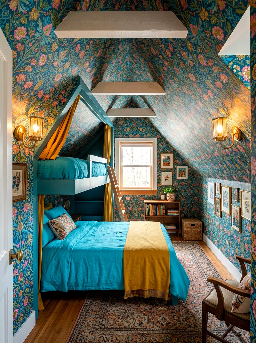 Wallpapered Attic Bunk Room - 30 attic bunk room ideas