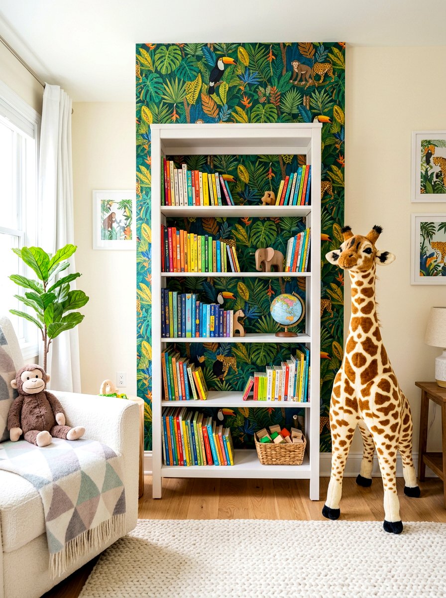 Wallpapered Back Shelf - 30 nursery bookshelf ideas