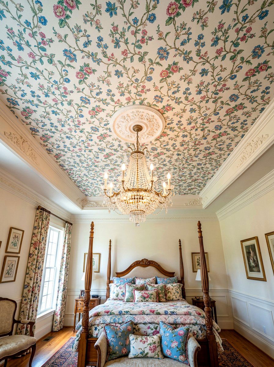 Wallpapered Bedroom Ceiling - 30 grandmillennial bedroom ideas
