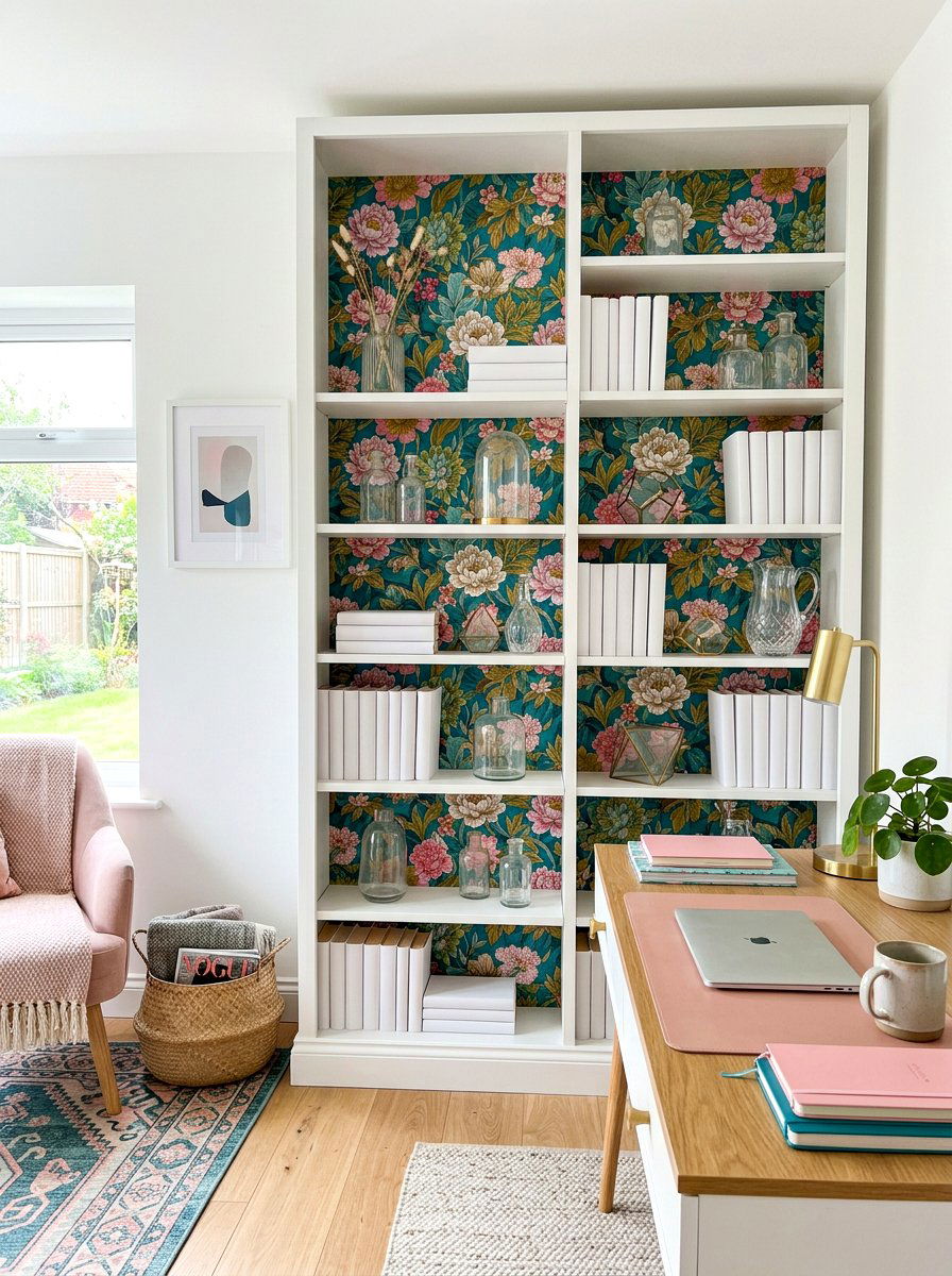 Wallpapered Bookcase Back - 30 bookcase decor ideas