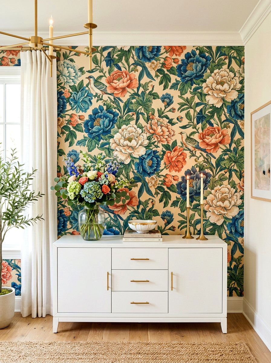Wallpapered Buffet Backdrop - 30 dining buffet styling ideas